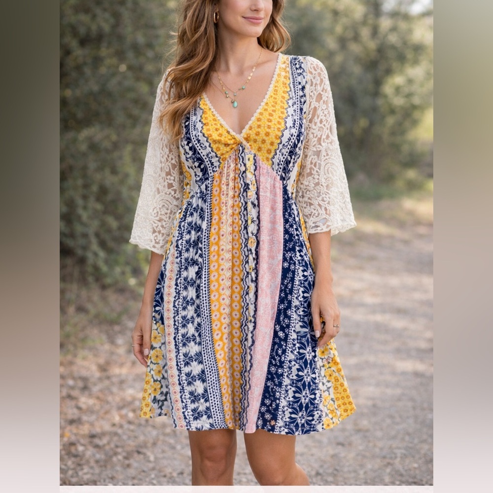 Kori Patchwork Boho Dress Lace Sleeve Mixed Print Cotton Midi Large
